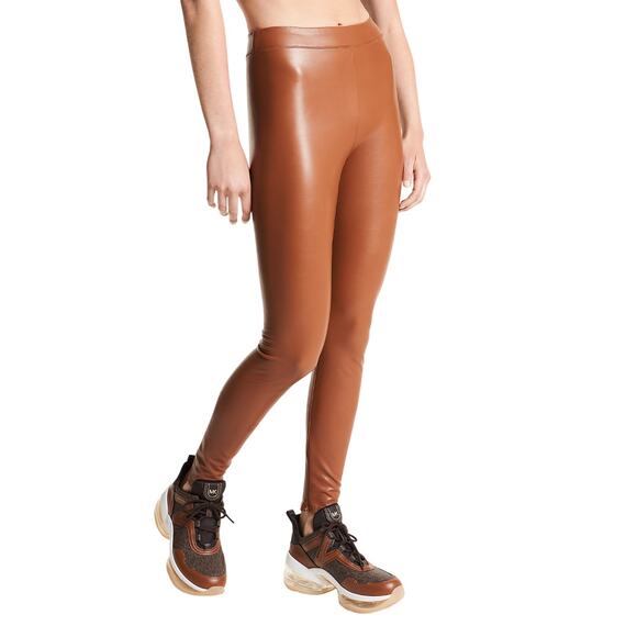 Michael Kors Coated Stretch Leggings Faux Leather Pants Zip Leg Luggage $140 Nwt - Picture 1 of 7